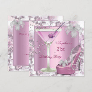 Invitation 21e fête d'anniversaire Martini rose haut talon Fl