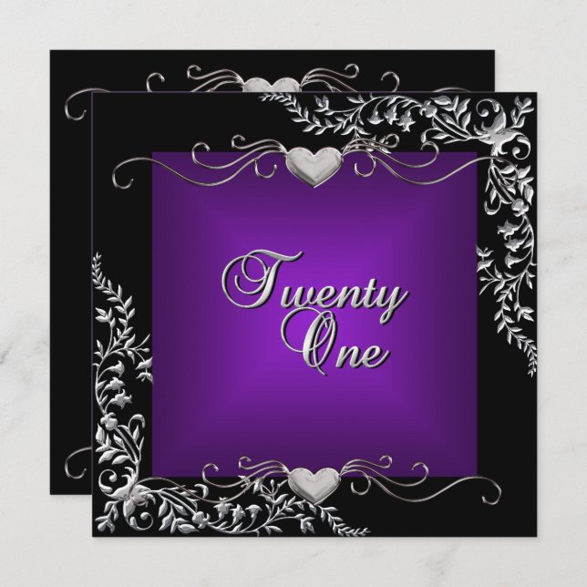 Invitation 21e fête d'anniversaire Noir brillant Profond viol (Devant / Derrière)