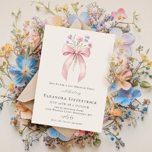 Invitation 21e fête d'anniversaire Pink Coquette Bow Fleur sa