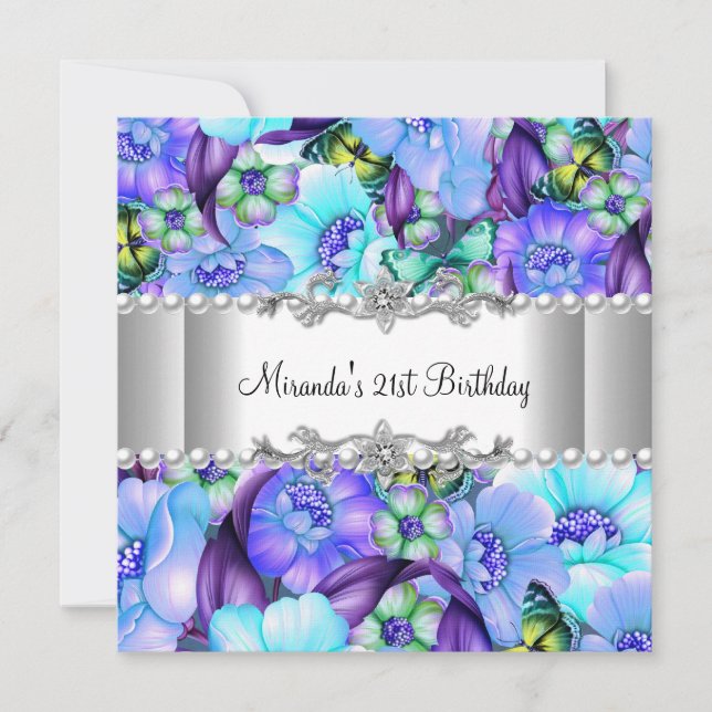 Invitation 21e fête d'anniversaire Purple Floral White Pearl (Devant)