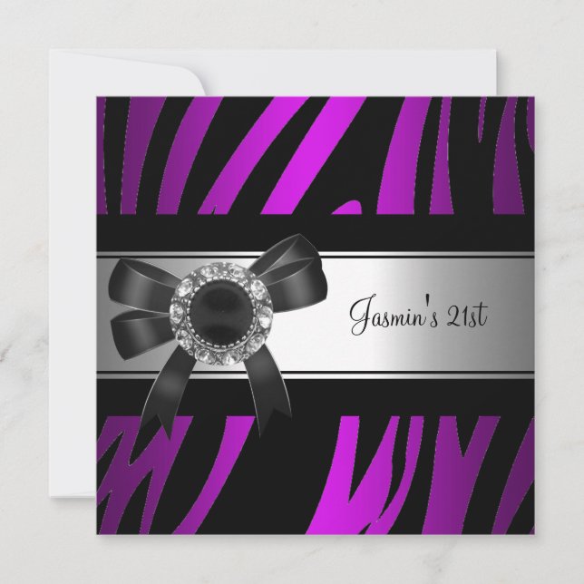 Invitation 21e fête d'anniversaire Purple Zebra Black Jewel (Devant)