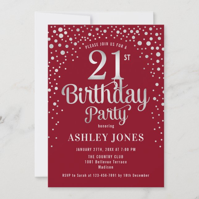 Invitation 21e fête d'anniversaire - Rouge & Argent (Devant)