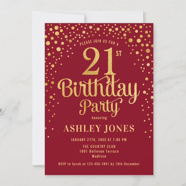 Invitation 21e fête d'anniversaire - Rouge & Or (Devant)