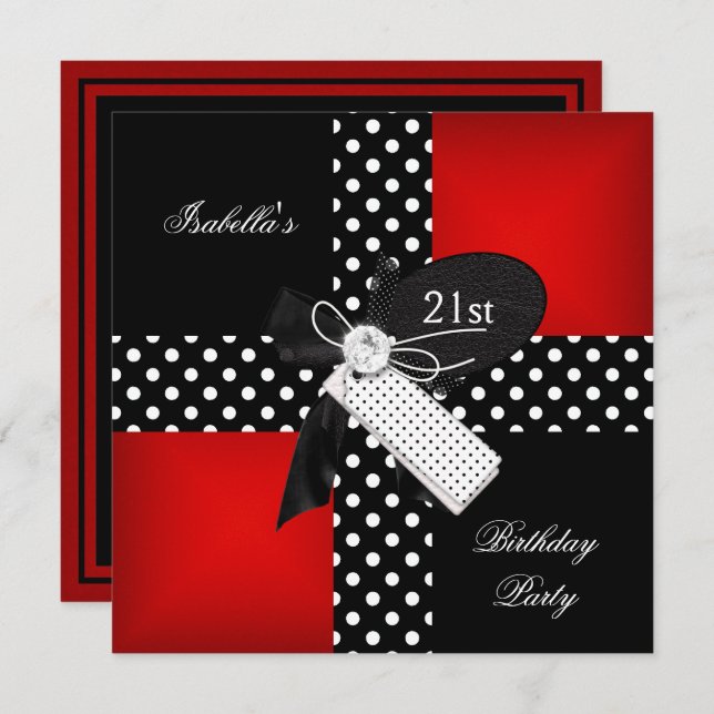 Invitation 21e fête d'anniversaire Rouge Polka Dot Noir Blanc (Devant / Derrière)