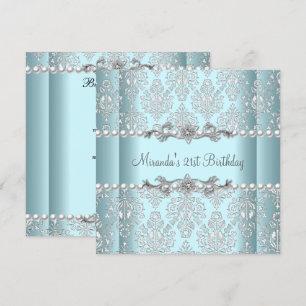 Invitation 21e fête d'anniversaire Turquoise bleu blanc perle