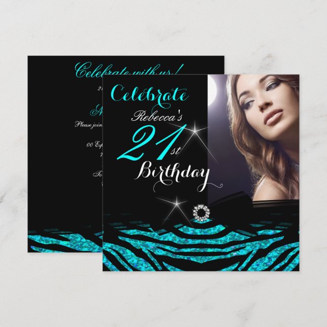 Invitation 21e fête d'anniversaire Turquoise Blue 21 Zebra Ph (Devant / Derrière)