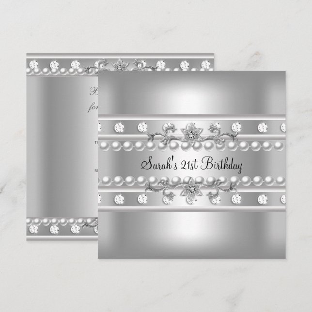 Invitation 21e fête d'anniversaire White Pearl Diamond Argent (Devant / Derrière)