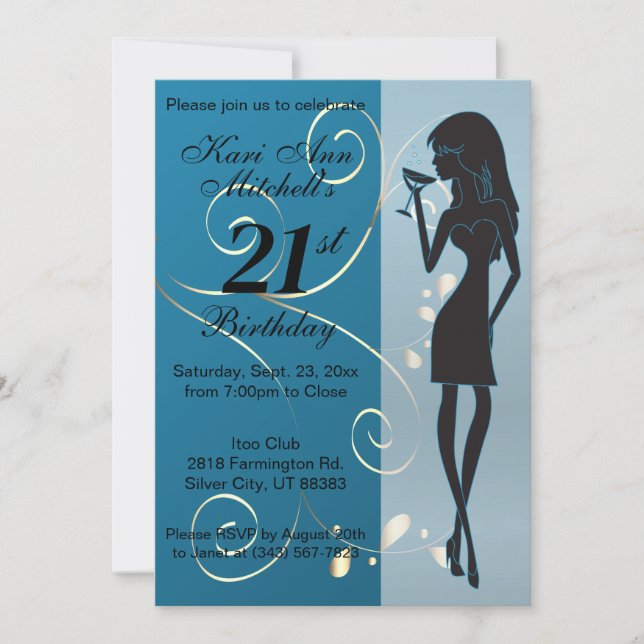 Invitation 21e fille d'anniversaire adulte - Bleu (Devant)