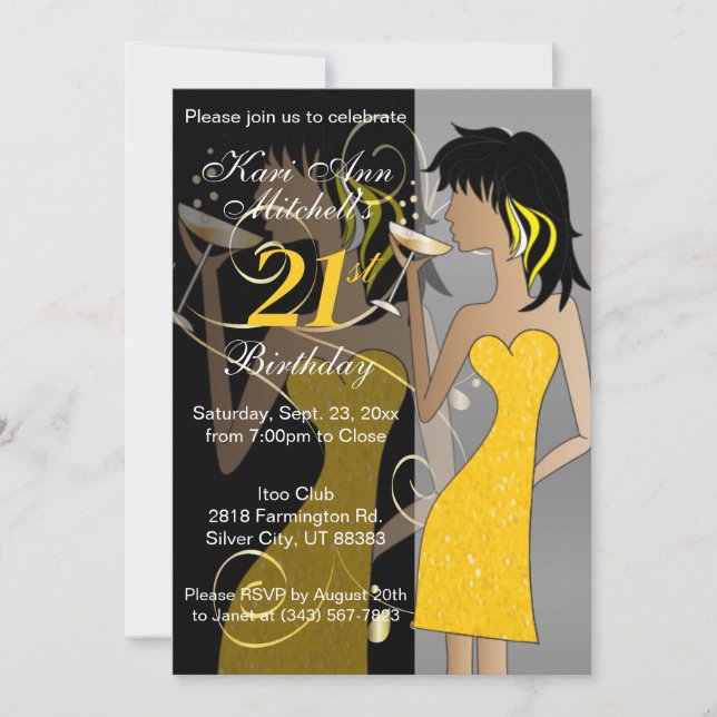 Invitation 21e fille d'anniversaire adulte - Jaune (Devant)