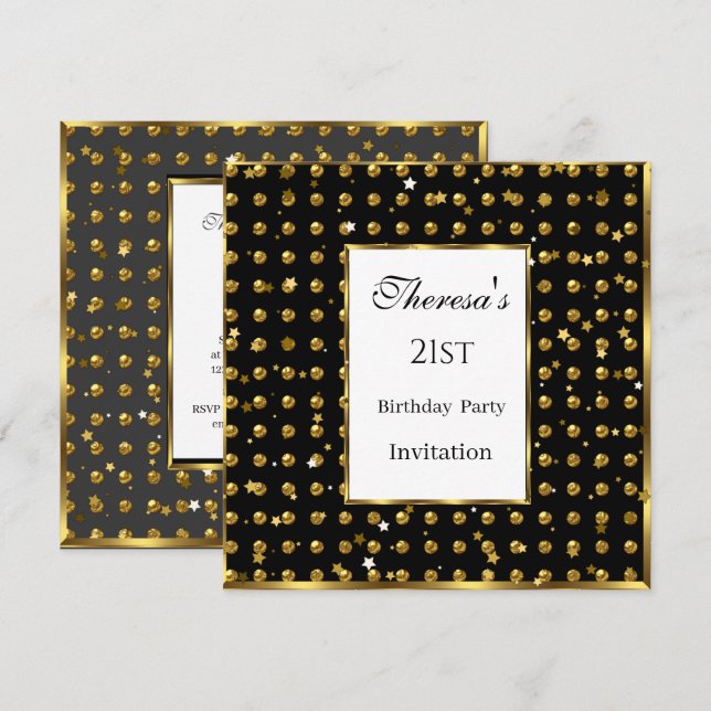 Invitation 21e Gold Pois Gold Stars Black Birthday (Devant / Derrière)
