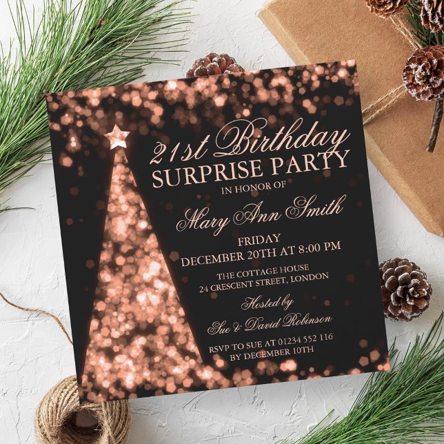 Invitation 21èmes lumières de Noël d'anniversaire de surprise (Rose Gold Surprise 21st Birthday Christmas Lights Invitation)