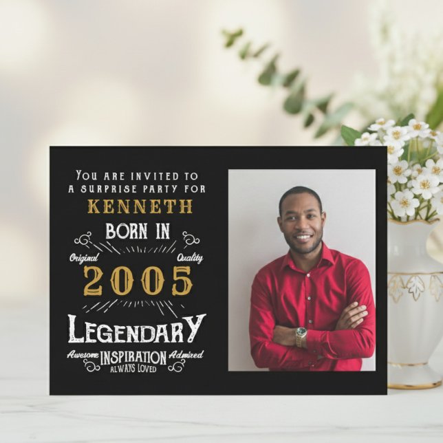 Invitation 21st Birthday 2005 Vintage Black Gold Personalized (2005 birthday invite. Blurred background with flowers.)