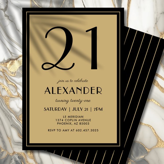 Invitation 21st Birthday Adult Black and Gold Modern Minimal  (Celebrate your 21st in bold, sophisticated style with this chic design.)