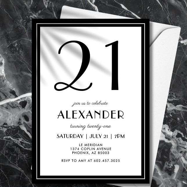 Invitation 21st Birthday Black and White Modern Minimalist  (Refined, gender-neutral design—perfect for a personalized adult 21st birthday.
)