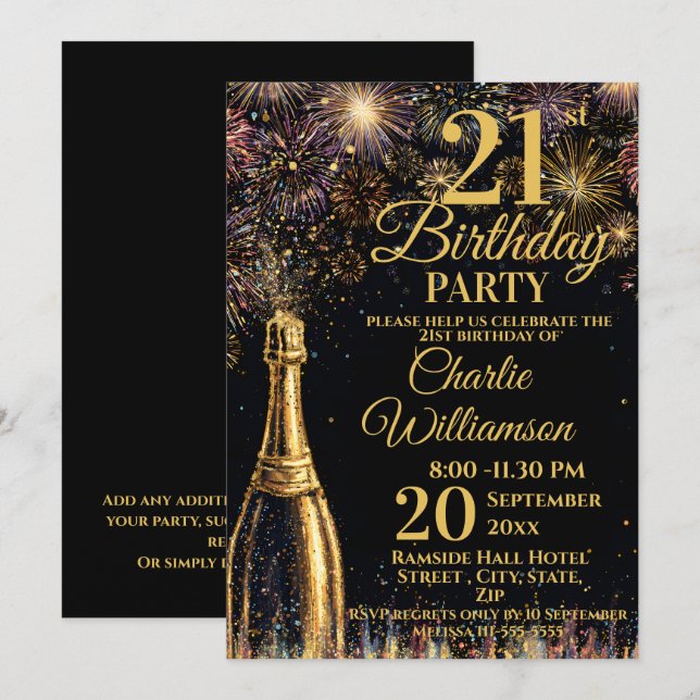 Invitation 21st Birthday Bubbly Fireworks Gold  (Devant / Derrière)