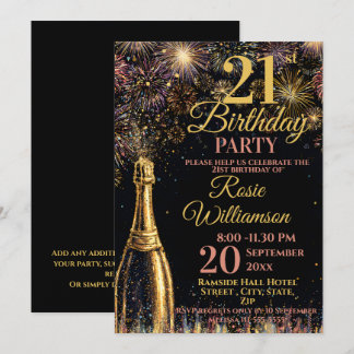 Invitation 21st Birthday Bubbly Fireworks Gold Pink