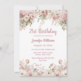 Invitation  21st birthday watercolor pink floral garden chic