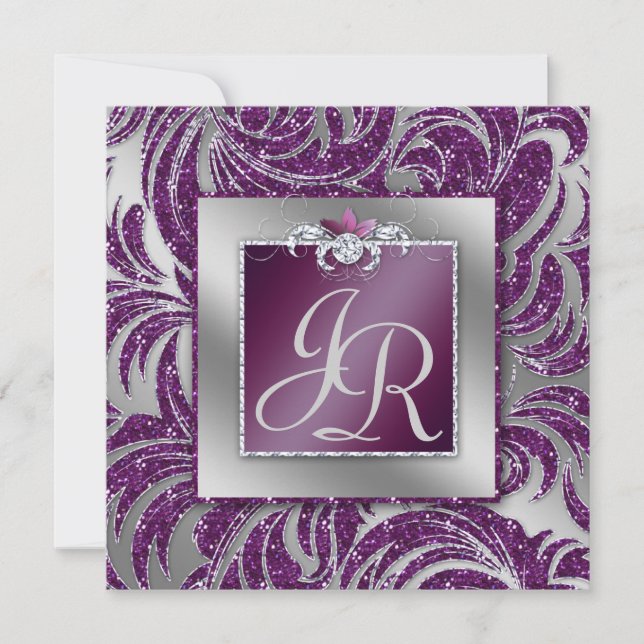 Invitation 232 Élégant Mariage Feuille Floral Violet Pailleté (Devant)
