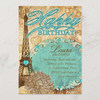 Invitation 232 Sweet 16 Paris Tour Eiffel Blu aux fleurs Vint