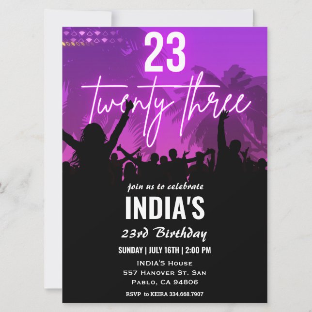 Invitation 23e anniversaire fête Pink Neon (Devant)