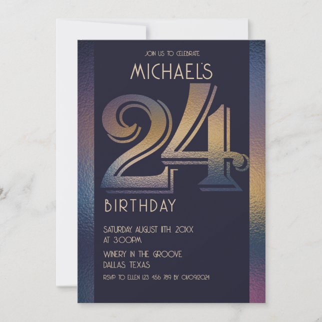 Invitation 24ème anniversaire moderne violet foncé et or (Devant)