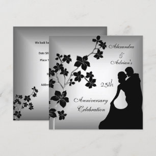 Invitation 25e Anniversaire Asiatique Noir Argent Floral Coup