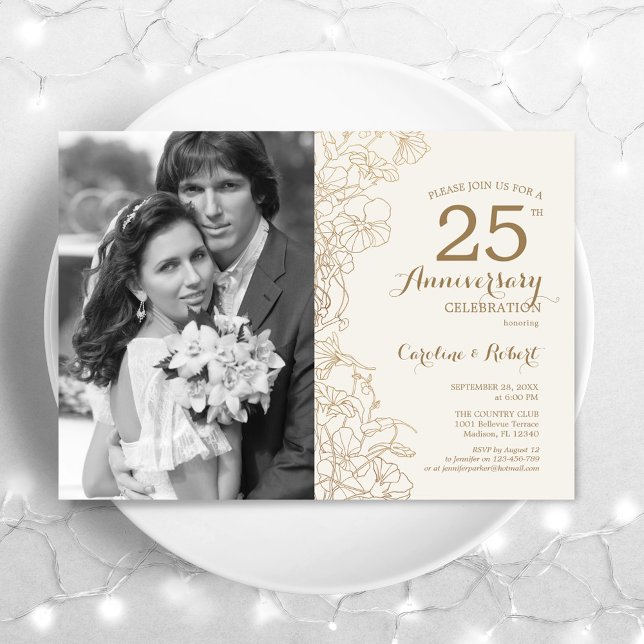 Invitation 25e anniversaire avec photo - Floral d'or ivoire (Créateur téléchargé)