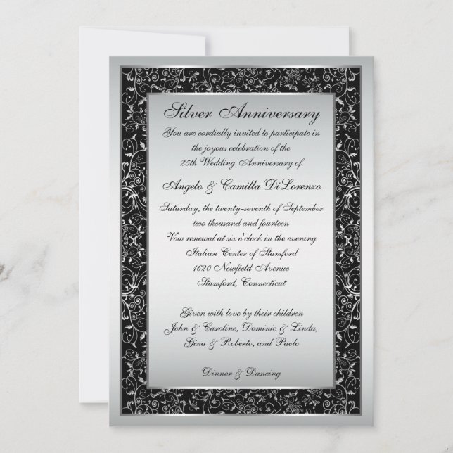 Invitation 25e anniversaire Black Silver Ornate Sc (Devant)