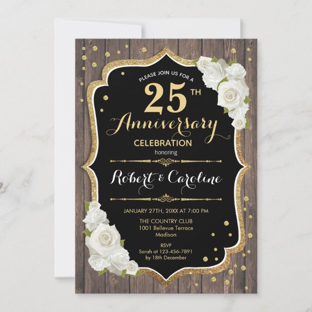 Invitation 25e Anniversaire - Bois Rustique Or (Devant)