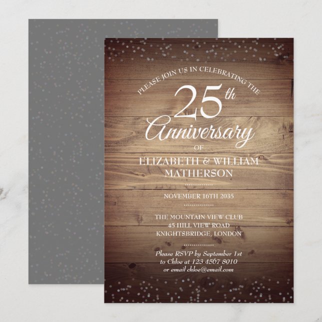 Invitation 25e Anniversaire Bois Rustique Poussière d'Étoile  (Devant / Derrière)