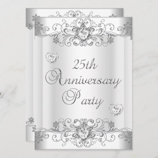 Invitation 25e anniversaire Coeurs de diamants blancs en arge (Devant / Derrière)
