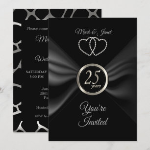 Invitation 25e anniversaire d'argent avec ruban noir