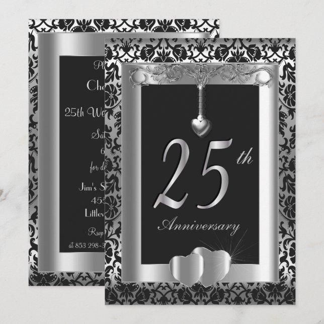 Invitation 25e anniversaire d'argent et de Mariage noir| DO-I (Devant / Derrière)