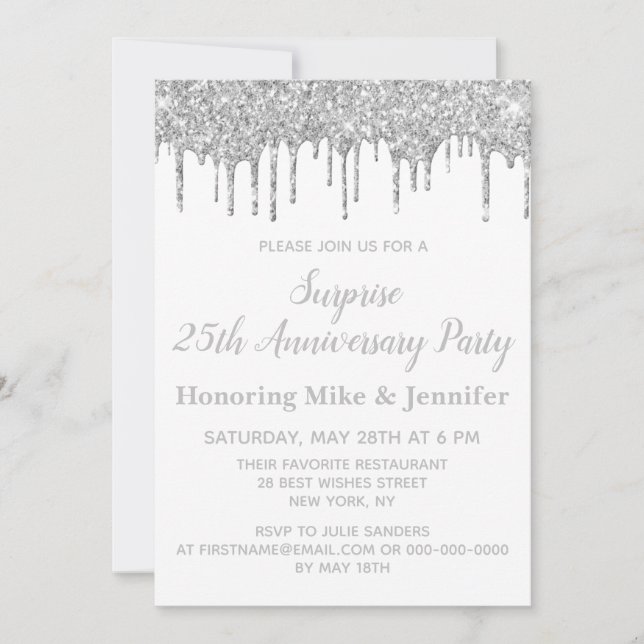 Invitation 25e anniversaire de la surprise blanche et argent (Devant)