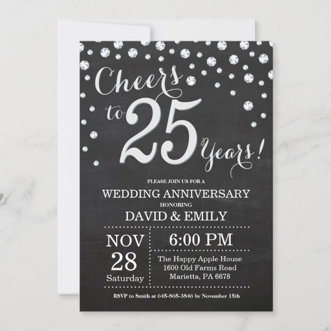 Invitation 25e Anniversaire de Mariage Ardoise Noir Argent (Devant)