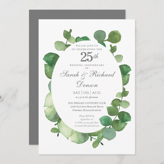 Invitation 25e Anniversaire de Mariage Argent Eucalyptus Bohè (Devant / Derrière)