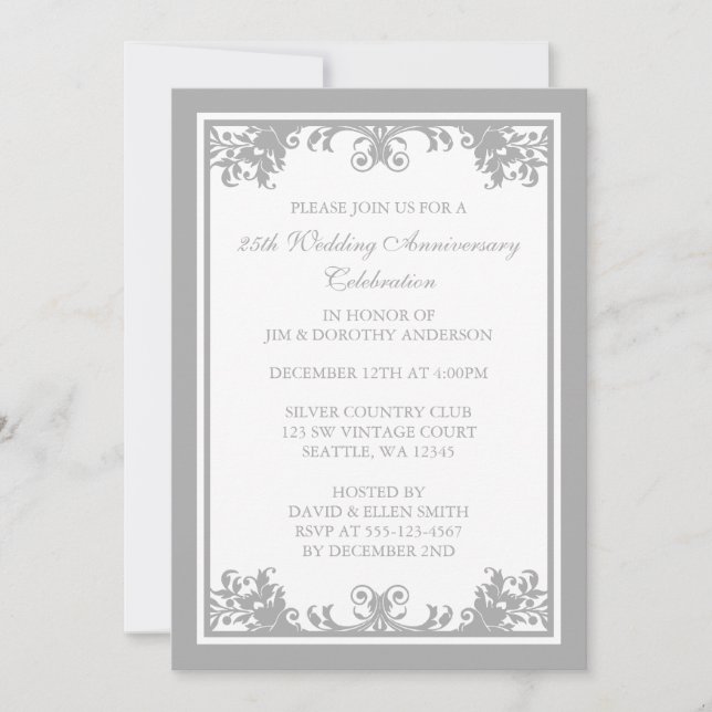 Invitation 25e Anniversaire de Mariage Argent Flourissante En (Devant)