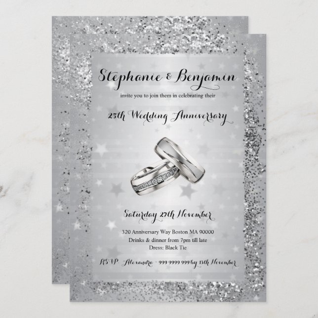 Invitation 25e Anniversaire de Mariage Argent Glitter Élégant (Devant / Derrière)
