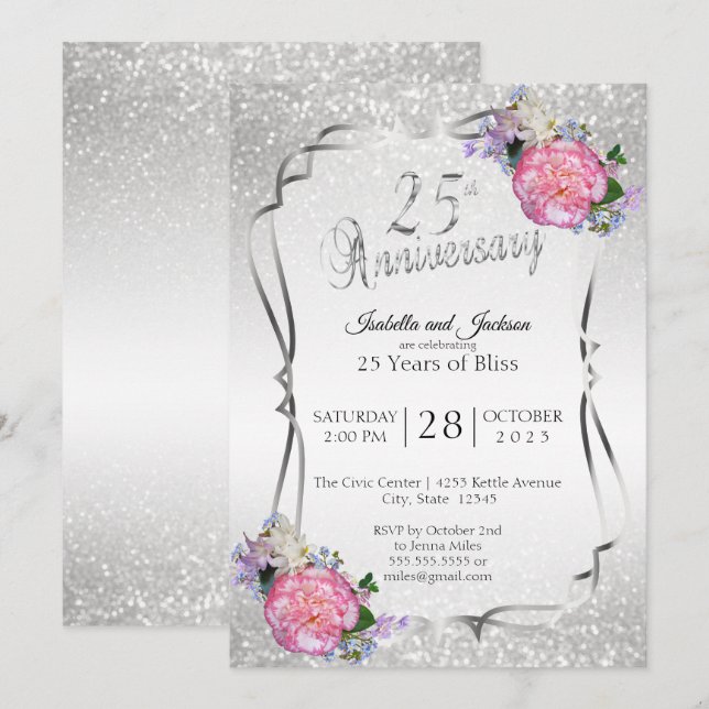 Invitation 25e anniversaire de mariage Argent Pailleté & Fleu (Devant / Derrière)