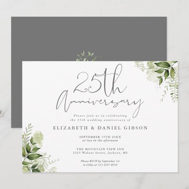 Invitation 25e Anniversaire de Mariage Argent Script Floral (Devant / Derrière)