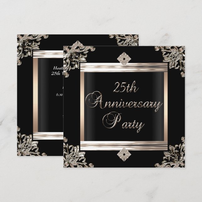 Invitation 25e Anniversaire de Mariage Art Déco Noir Argent (Devant / Derrière)