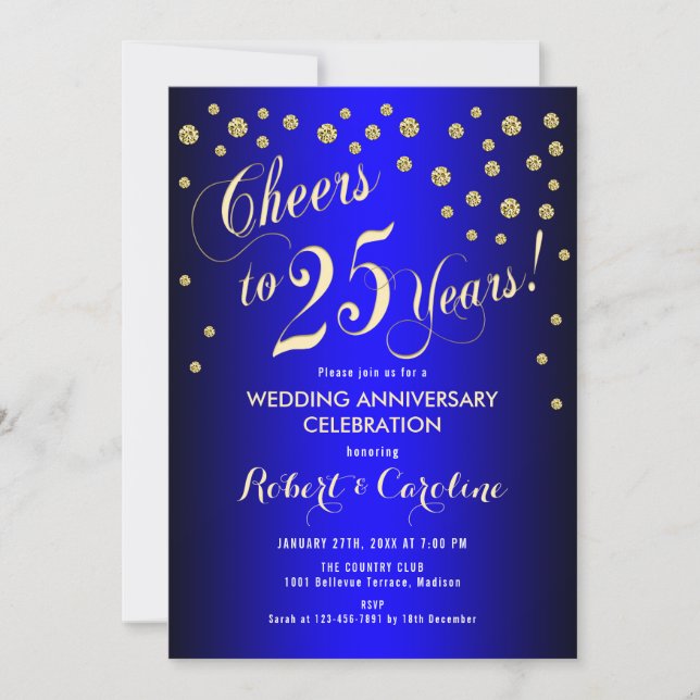 Invitation 25e anniversaire de mariage - Bleu Royal & Or (Devant)