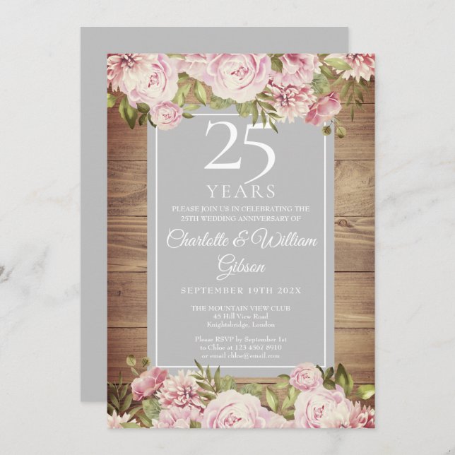 Invitation 25e Anniversaire de Mariage Bohème Rustique Roses (Devant / Derrière)