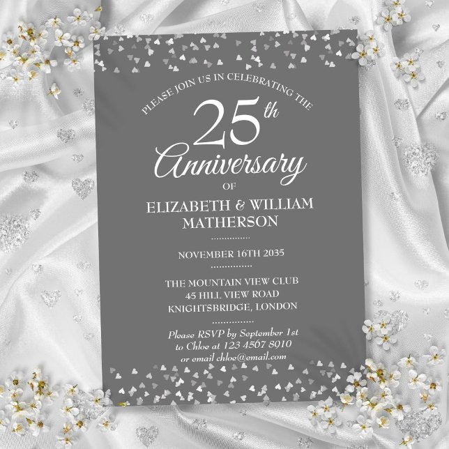 Invitation 25e Anniversaire de Mariage Cœurs en Argent Confet (25th Weddding Anniversary Silver Hearts Confetti Invitation)