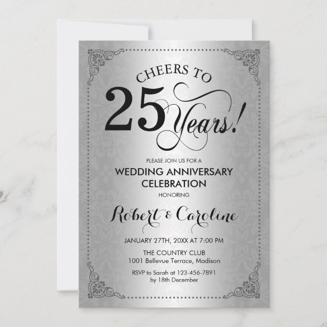 Invitation 25e anniversaire de mariage - Damask noir argenté (Devant)