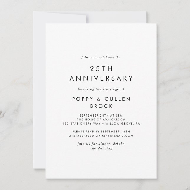 Invitation 25e anniversaire de mariage de typographie chic (Devant)