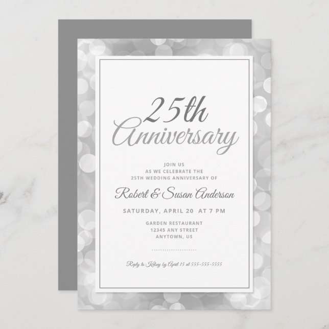 Invitation 25e anniversaire de mariage | Élégant Bokeh argent (Devant / Derrière)