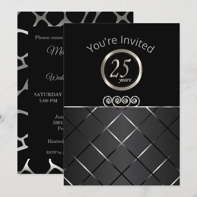 Invitation 25e anniversaire de mariage en noir (Devant / Derrière)