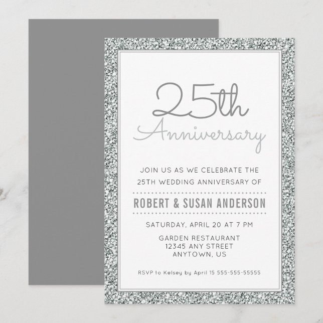 Invitation 25e Anniversaire de Mariage Faux Paillettes Argent (Devant / Derrière)