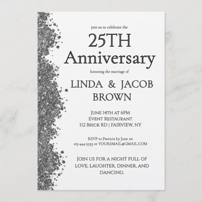 Invitation 25e Anniversaire de Mariage Faux Paillettes d'Arge (Devant)